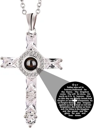 Personalized Cross Projection Necklace Men's Stainless Steel Cross Pendant Micro Engraved Lord's Prayer Pendant Necklace Bible Verse Necklace Christian Jewelry for Men Women