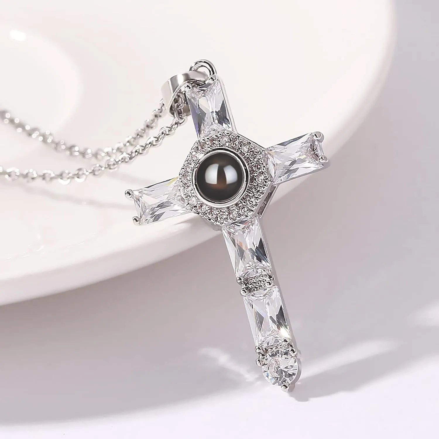 Personalized Cross Projection Necklace Men's Stainless Steel Cross Pendant Micro Engraved Lord's Prayer Pendant Necklace Bible Verse Necklace Christian Jewelry for Men Women