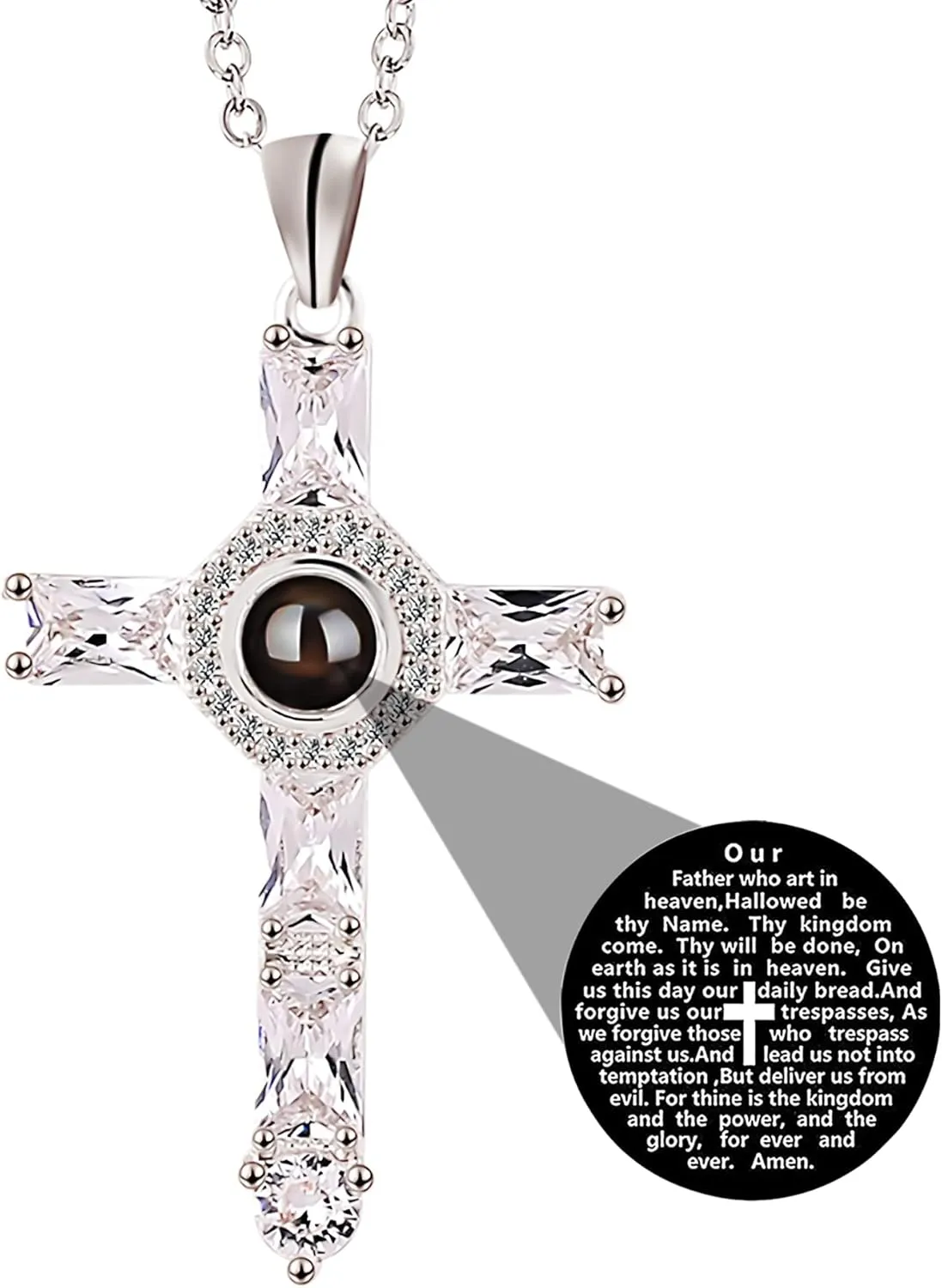 Personalized Cross Projection Necklace Men's Stainless Steel Cross Pendant Micro Engraved Lord's Prayer Pendant Necklace Bible Verse Necklace Christian Jewelry for Men Women