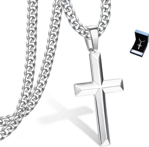 SAILIMUE 925 Sterling Silver Cross Necklace for Men Women with Stainless Steel Diamond Cut Cuban Link Curb Chain Beveled Edge Crucifix Pendant Necklace Cross Jewelry 16-24 Inches