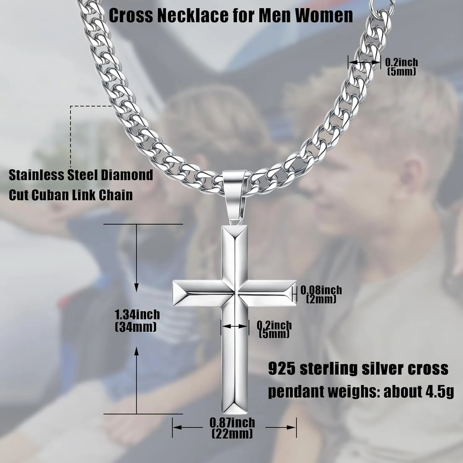 SAILIMUE 925 Sterling Silver Cross Necklace for Men Women with Stainless Steel Diamond Cut Cuban Link Curb Chain Beveled Edge Crucifix Pendant Necklace Cross Jewelry 16-24 Inches
