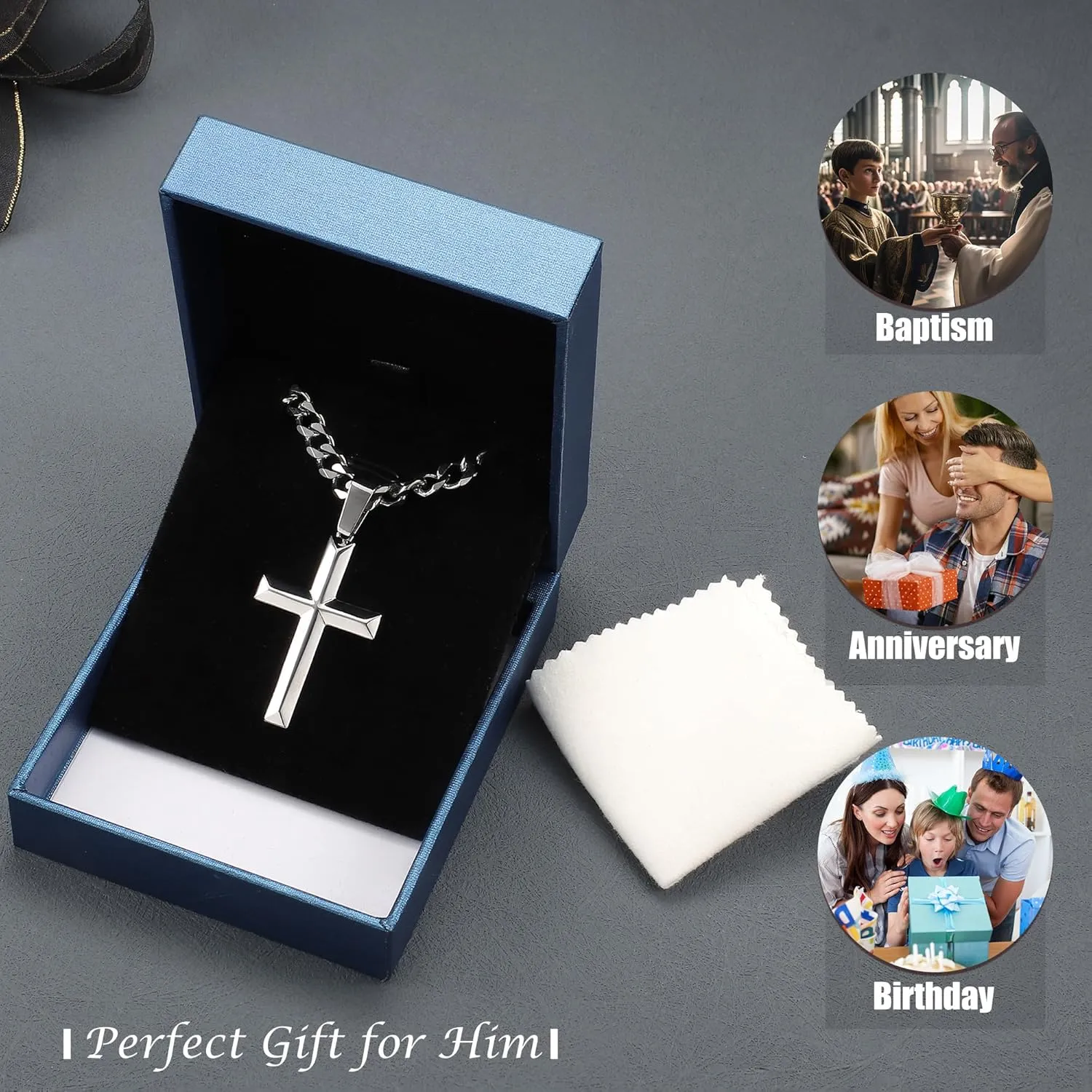 SAILIMUE 925 Sterling Silver Cross Necklace for Men Women with Stainless Steel Diamond Cut Cuban Link Curb Chain Beveled Edge Crucifix Pendant Necklace Cross Jewelry 16-24 Inches