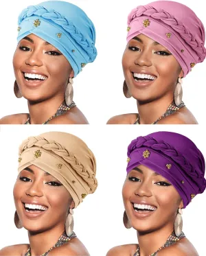SATINIOR 4 Pieces African Women Turban Cap Head Wraps Beaded Headscarf Beanie Wrap
