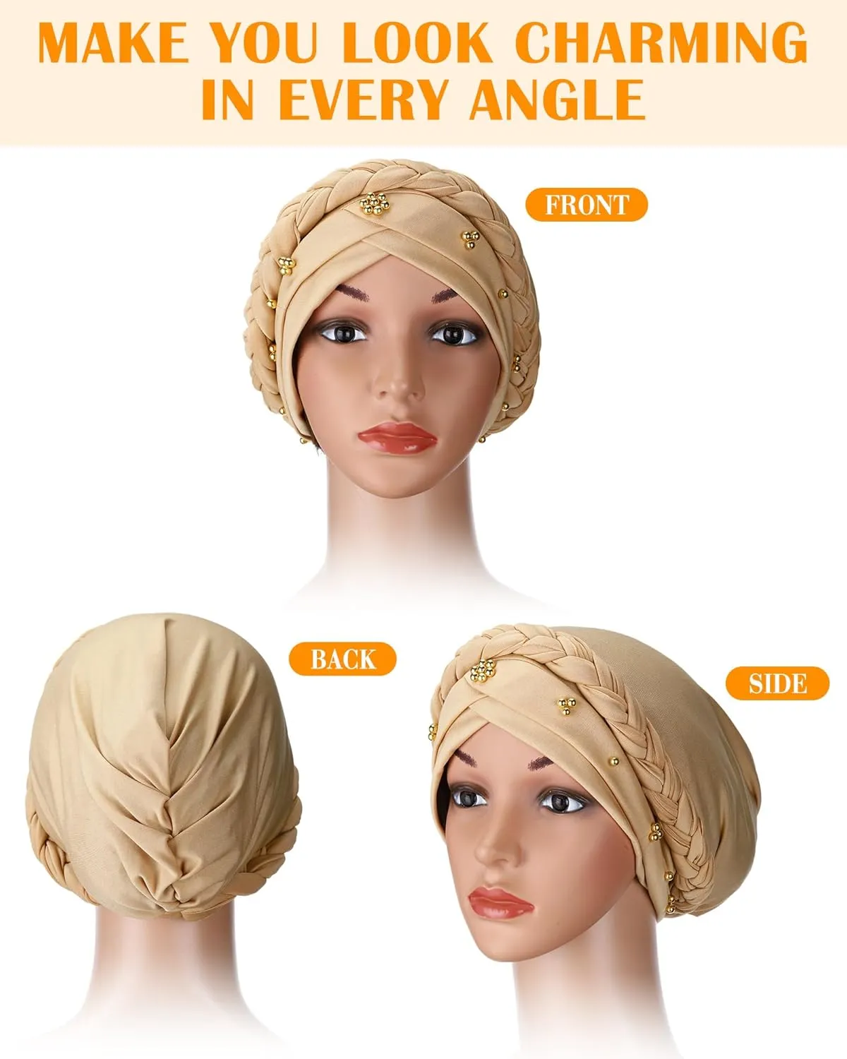 SATINIOR 4 Pieces African Women Turban Cap Head Wraps Beaded Headscarf Beanie Wrap