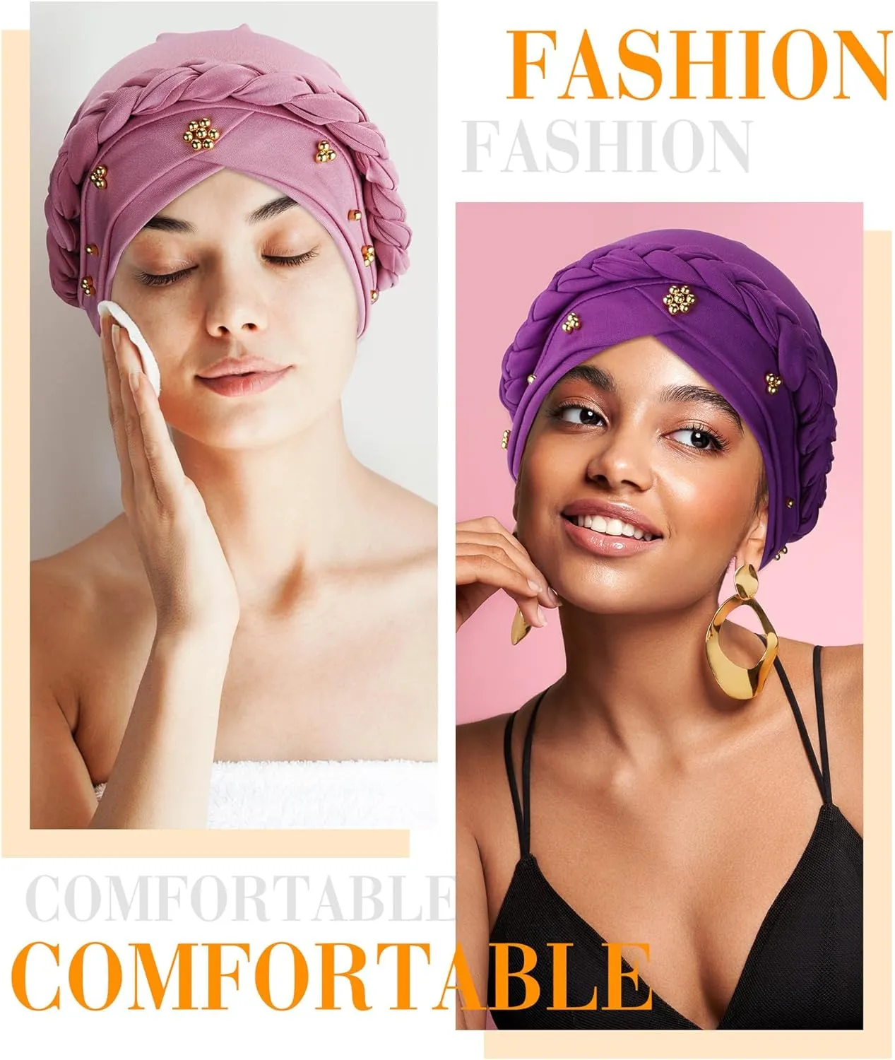 SATINIOR 4 Pieces African Women Turban Cap Head Wraps Beaded Headscarf Beanie Wrap