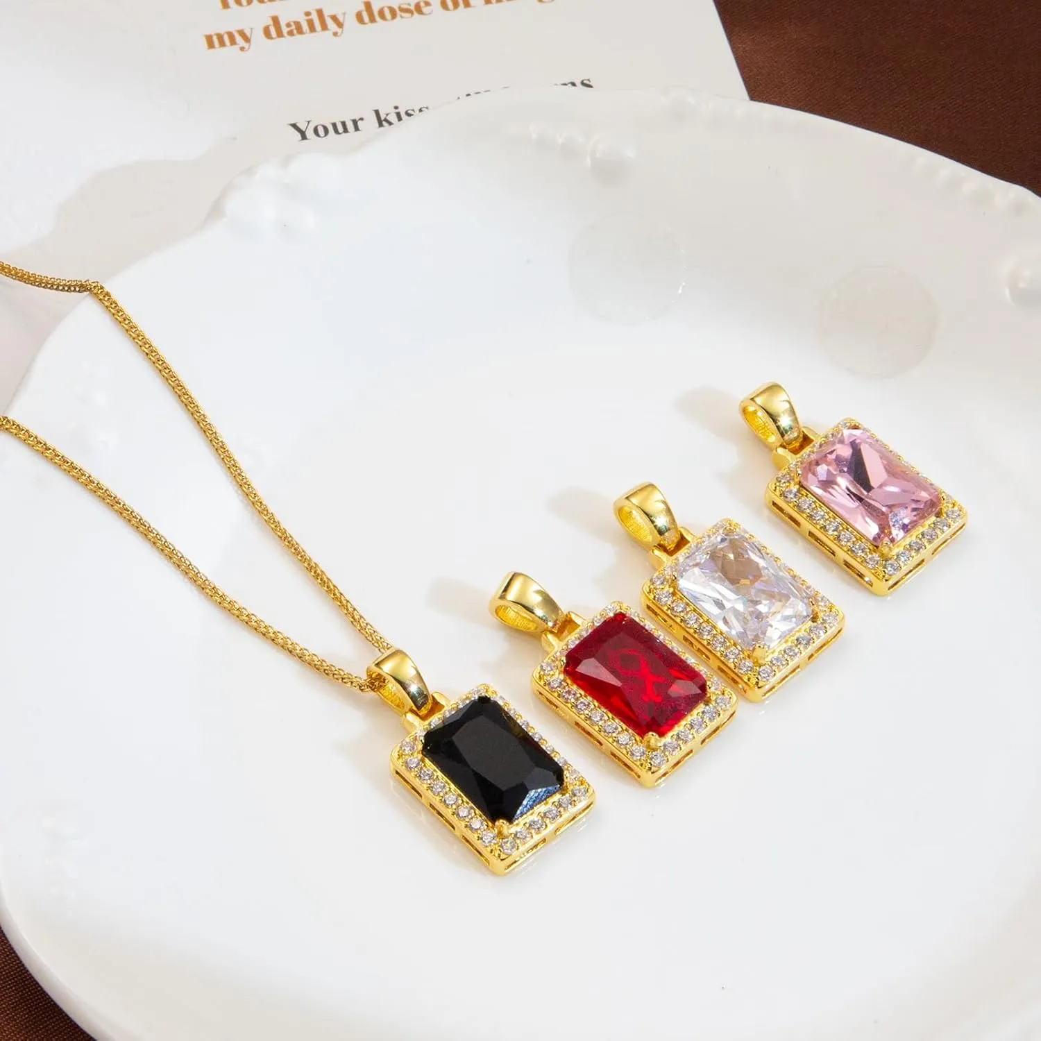 SDA Rectangle CZ Gemstone Pendant Necklace | Ruby Crystal & Colorful Birthstone Necklace 18K Platinum Gold Plated Chain | Meaningful Jewelry Gift for Mother Daughter Girlfriend