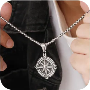 Silver Compass Necklace for Men-Hypoallergenic Stainless Steel Compass Pendant Necklaces, Fashion Punk Mens Pendant Necklaces Jewelry Gifts for Friends Boyfriend Husband, 23.6 Inches