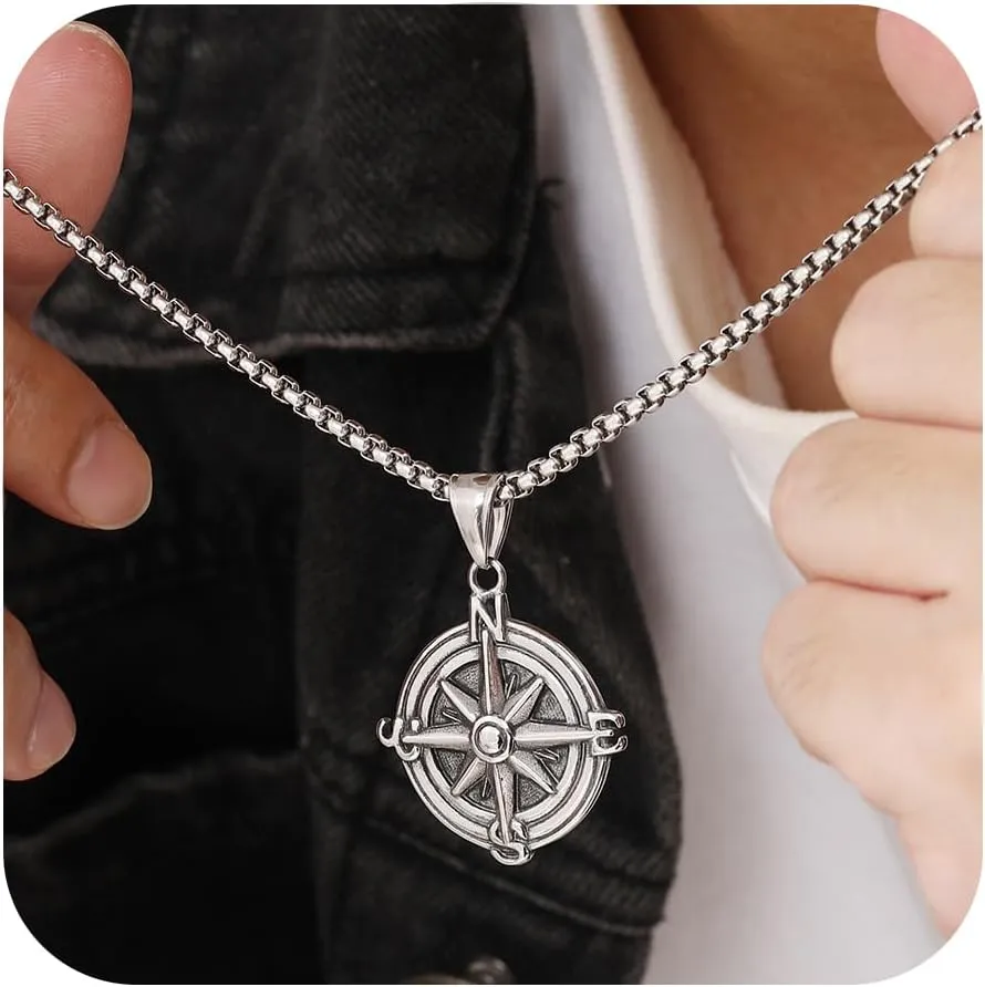 Silver Compass Necklace for Men-Hypoallergenic Stainless Steel Compass Pendant Necklaces, Fashion Punk Mens Pendant Necklaces Jewelry Gifts for Friends Boyfriend Husband, 23.6 Inches