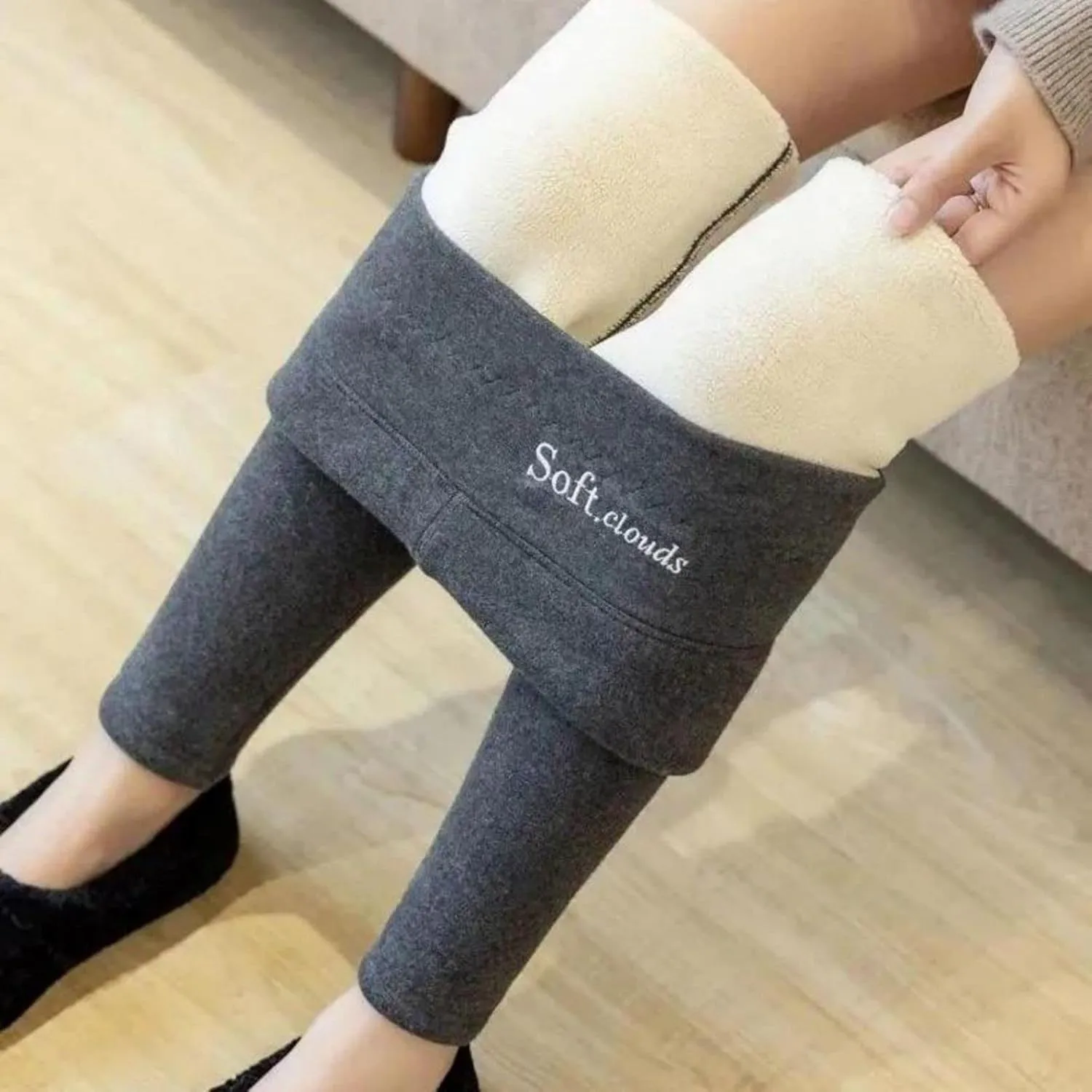 Soft Clouds Fleece Leggings for Women Casual Warm Winter Solid Pants Thermal Tights High Waist Yoga Pants