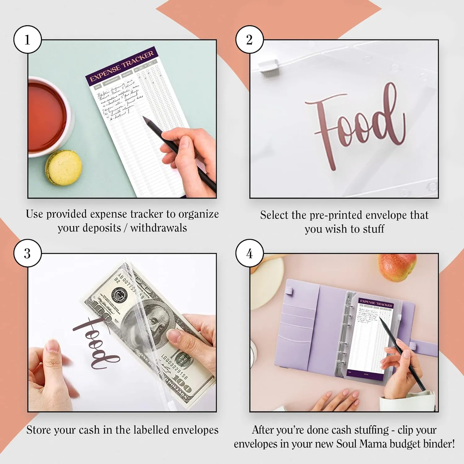 SOUL MAMA Budget Binder with Zipper Envelopes - Purple Money Organizer for Cash, A6 Binder Cash Envelopes for Budgeting, Money Saving Binder with Rose Gold Pre-Printed Stickers
