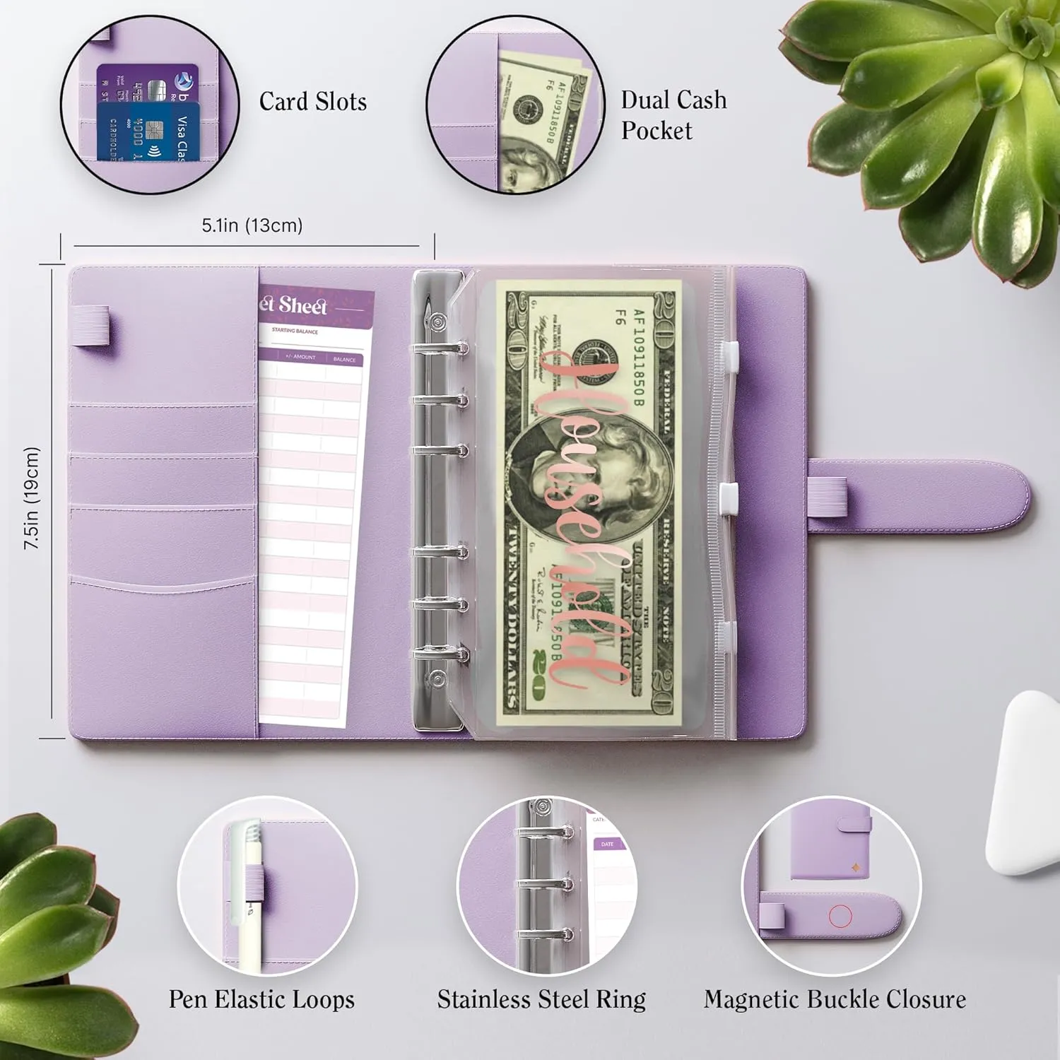 SOUL MAMA Budget Binder with Zipper Envelopes - Purple Money Organizer for Cash, A6 Binder Cash Envelopes for Budgeting, Money Saving Binder with Rose Gold Pre-Printed Stickers