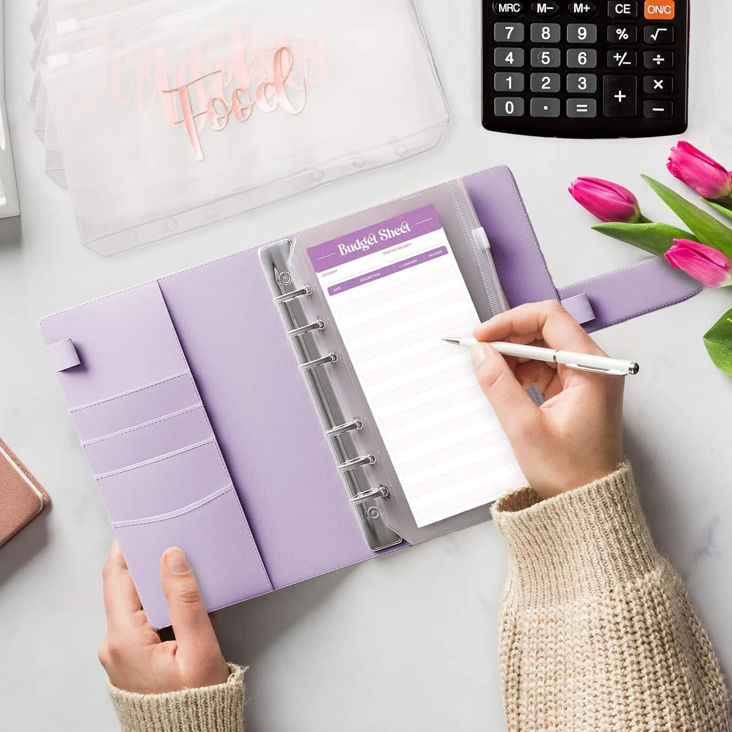 SOUL MAMA Budget Binder with Zipper Envelopes - Purple Money Organizer for Cash, A6 Binder Cash Envelopes for Budgeting, Money Saving Binder with Rose Gold Pre-Printed Stickers