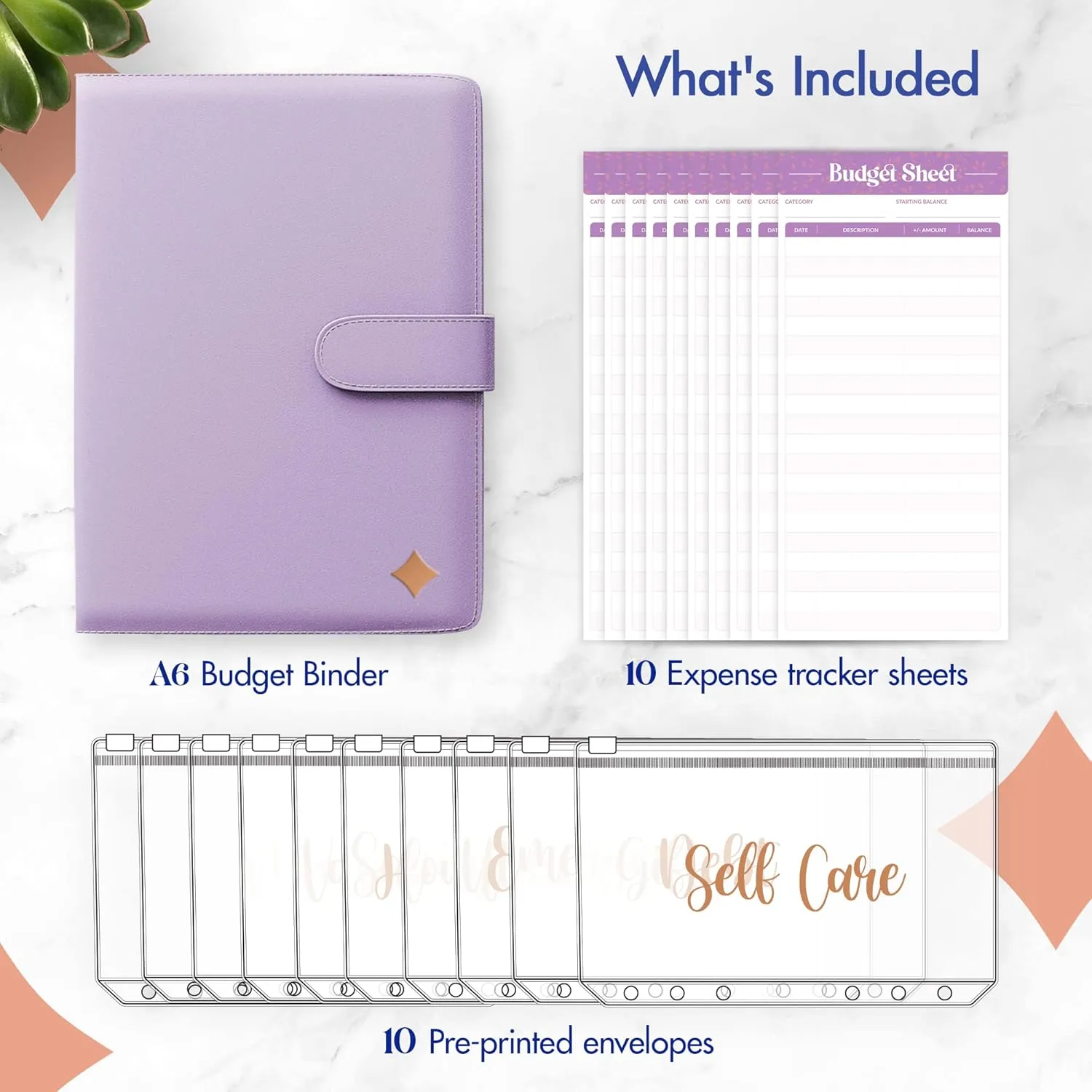 SOUL MAMA Budget Binder with Zipper Envelopes - Purple Money Organizer for Cash, A6 Binder Cash Envelopes for Budgeting, Money Saving Binder with Rose Gold Pre-Printed Stickers