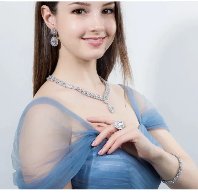 Woman Gold Plated Luxury Cubic Zirconia Necklace Earring Bracelet Set