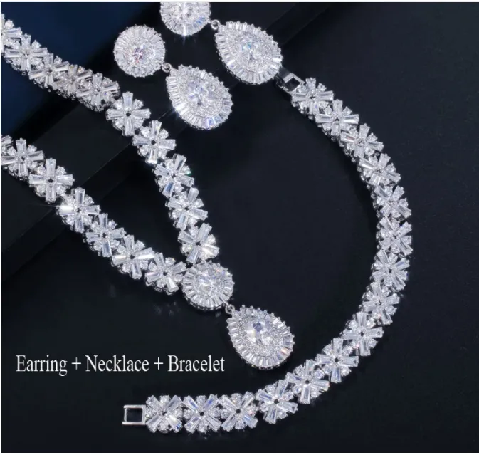 Woman Gold Plated Luxury Cubic Zirconia Necklace Earring Bracelet Set