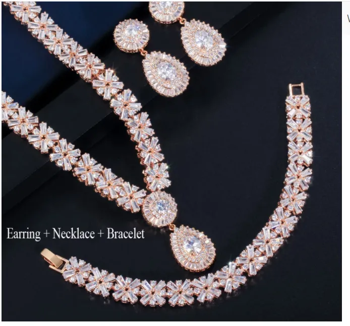 Woman Gold Plated Luxury Cubic Zirconia Necklace Earring Bracelet Set