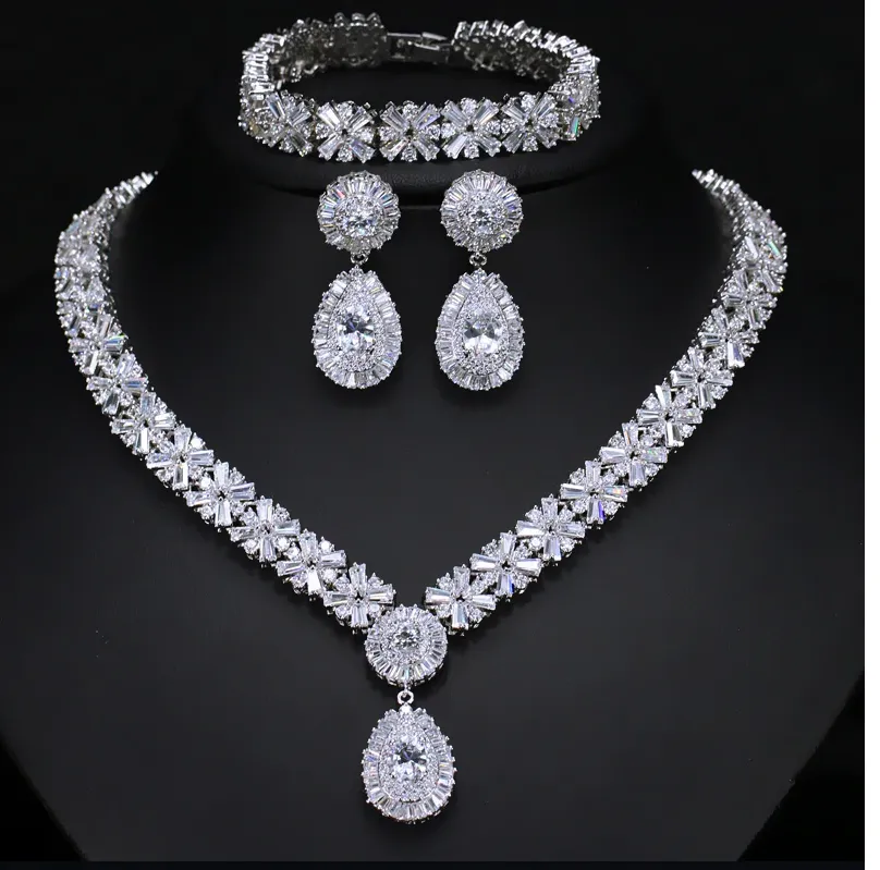Woman Gold Plated Luxury Cubic Zirconia Necklace Earring Bracelet Set