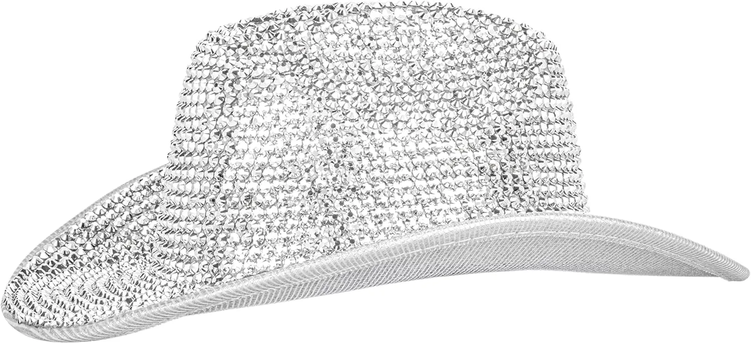 Women Rodeo-Western Felt-Cowboy-Hat Bling-Rhinestone-Decor Glitter-Disco-Ball Cowgirl-Hat Diamond Roll-Up-Brim Fedora Medium