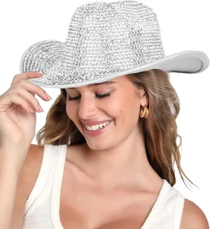 Women Rodeo-Western Felt-Cowboy-Hat Bling-Rhinestone-Decor Glitter-Disco-Ball Cowgirl-Hat Diamond Roll-Up-Brim Fedora Medium