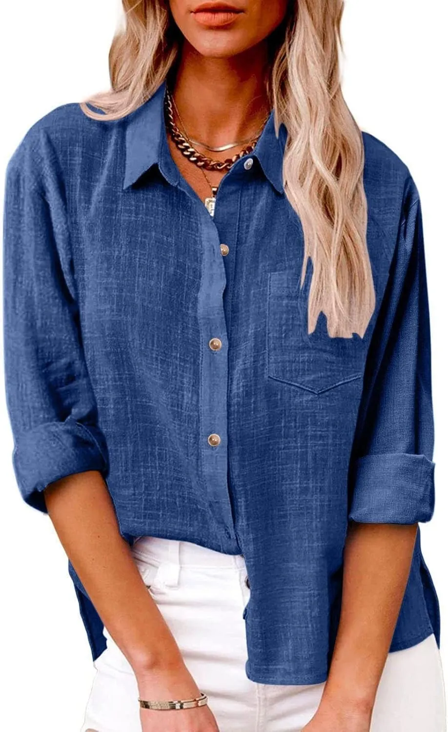 Womens Cotton Linen Button Down Shirt 2025 Fall Casual Long Sleeve Solid Color Shirts Loose Tops with Pockets