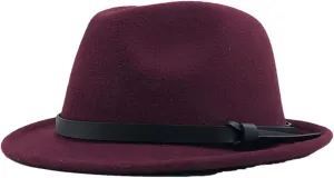 Women's Jazz Cap Fedoras Wool Brim Ribbon Jazz Hat Adjustable Top Cap Wine Red 56-58CM
