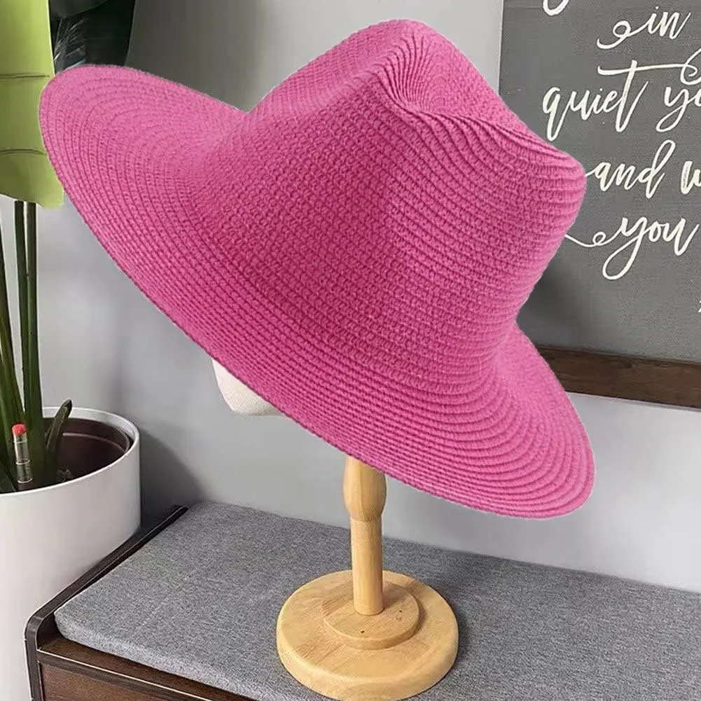 Womens Straw Fedora Beach Hat, Packable Wide Panama Hat for Women Uv Upf50  Summer Hat