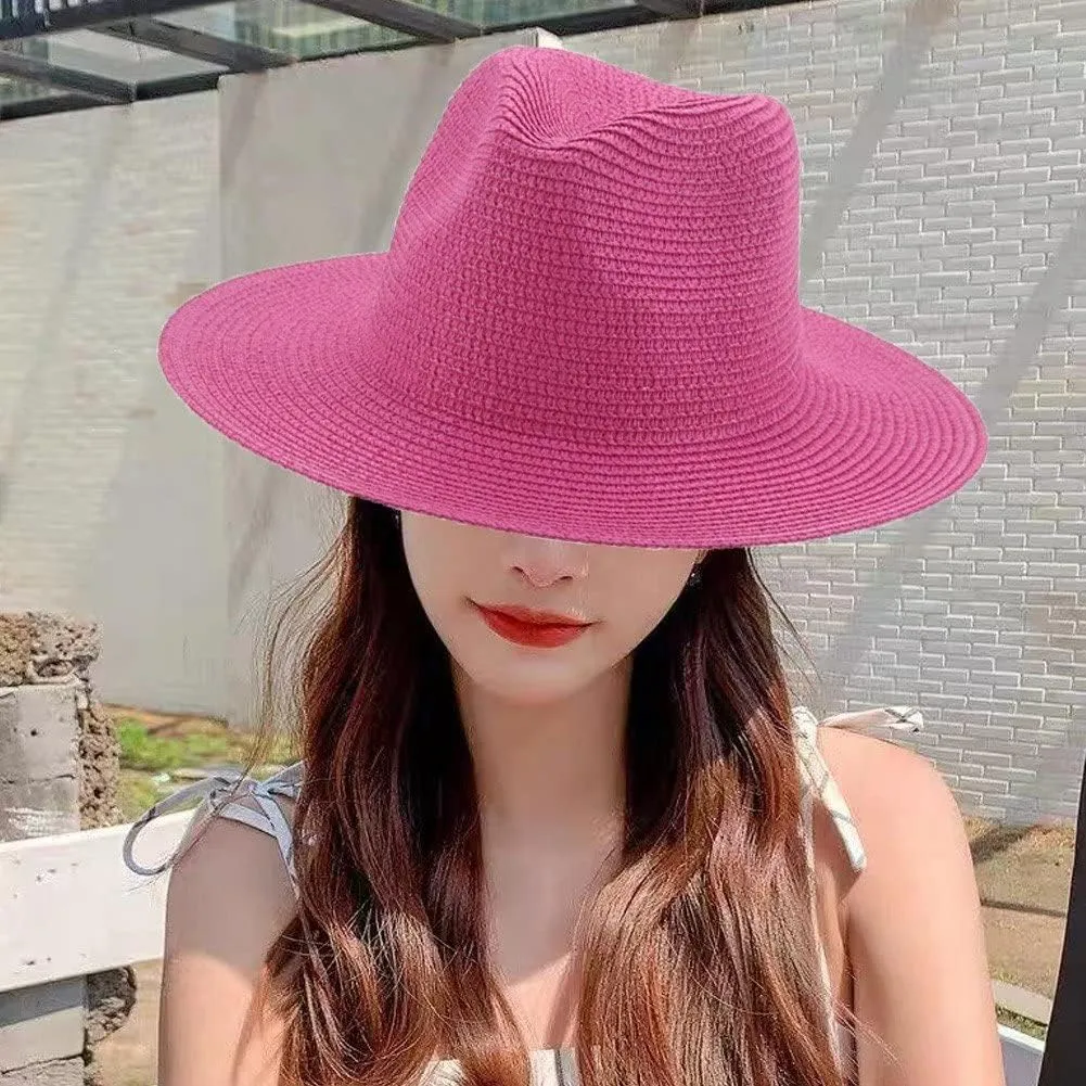 Womens Straw Fedora Beach Hat, Packable Wide Panama Hat for Women Uv Upf50  Summer Hat