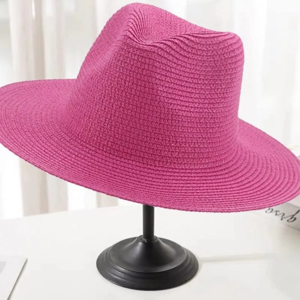 Womens Straw Fedora Beach Hat, Packable Wide Panama Hat for Women Uv Upf50  Summer Hat