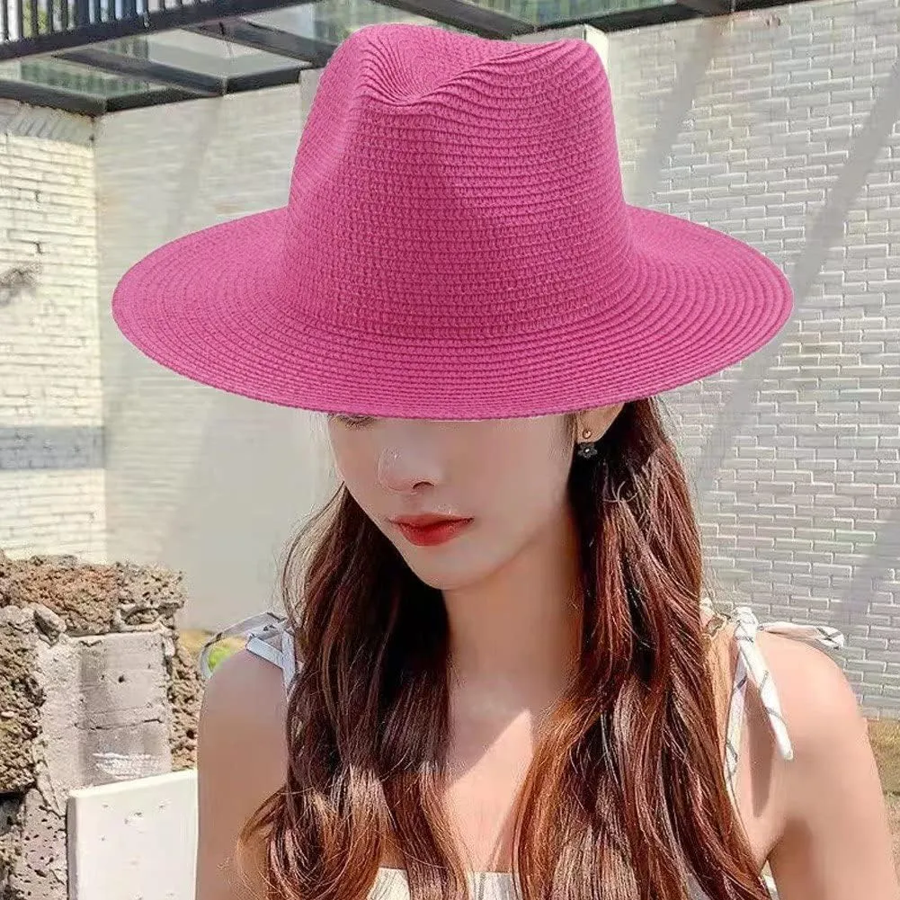 Womens Straw Fedora Beach Hat, Packable Wide Panama Hat for Women Uv Upf50  Summer Hat