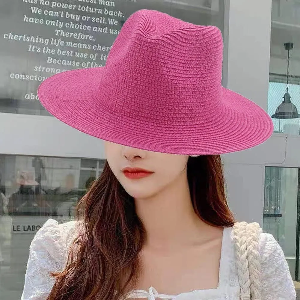 Womens Straw Fedora Beach Hat, Packable Wide Panama Hat for Women Uv Upf50  Summer Hat