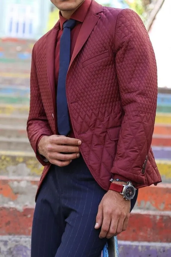 WSS Patterned Quilted Burgundy Men Blazer  - Singen