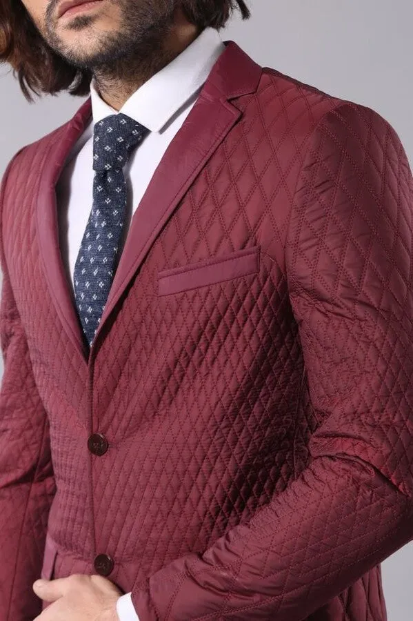 WSS Patterned Quilted Burgundy Men Blazer  - Singen