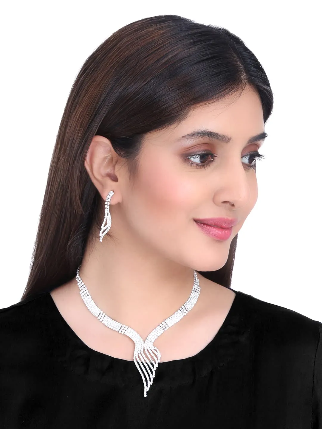 Yellow Chimes Choker Necklace Set for Women Silver Plated Sparkling White Crystal Choker Necklace Set with Earrings for Women and Girls.