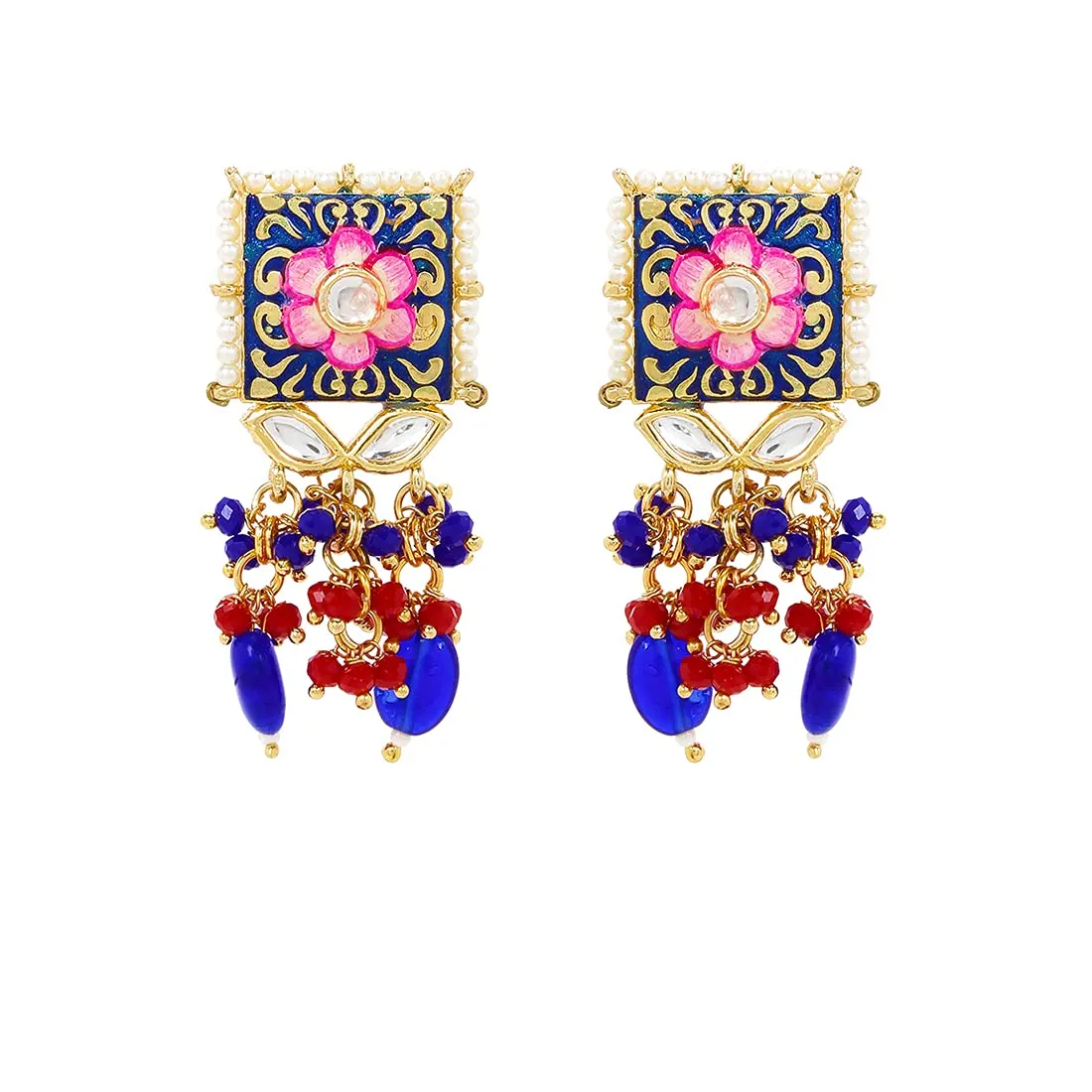 Yellow Chimes Ethnic Gold Plated Kundan Beads Flower Design Jewellery Set Pink Blue Meenakari Choker Necklace Set for Women and Girls, Multicolour, Medium (YCTJNS-22SQRFLW-MC)